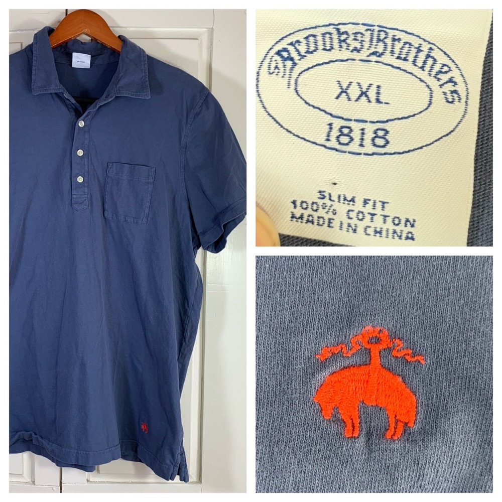 Brooks Brothers 1818 Slim Fit Polo‎ Shirt XXL Navy Blue Short Sleeve Cotton